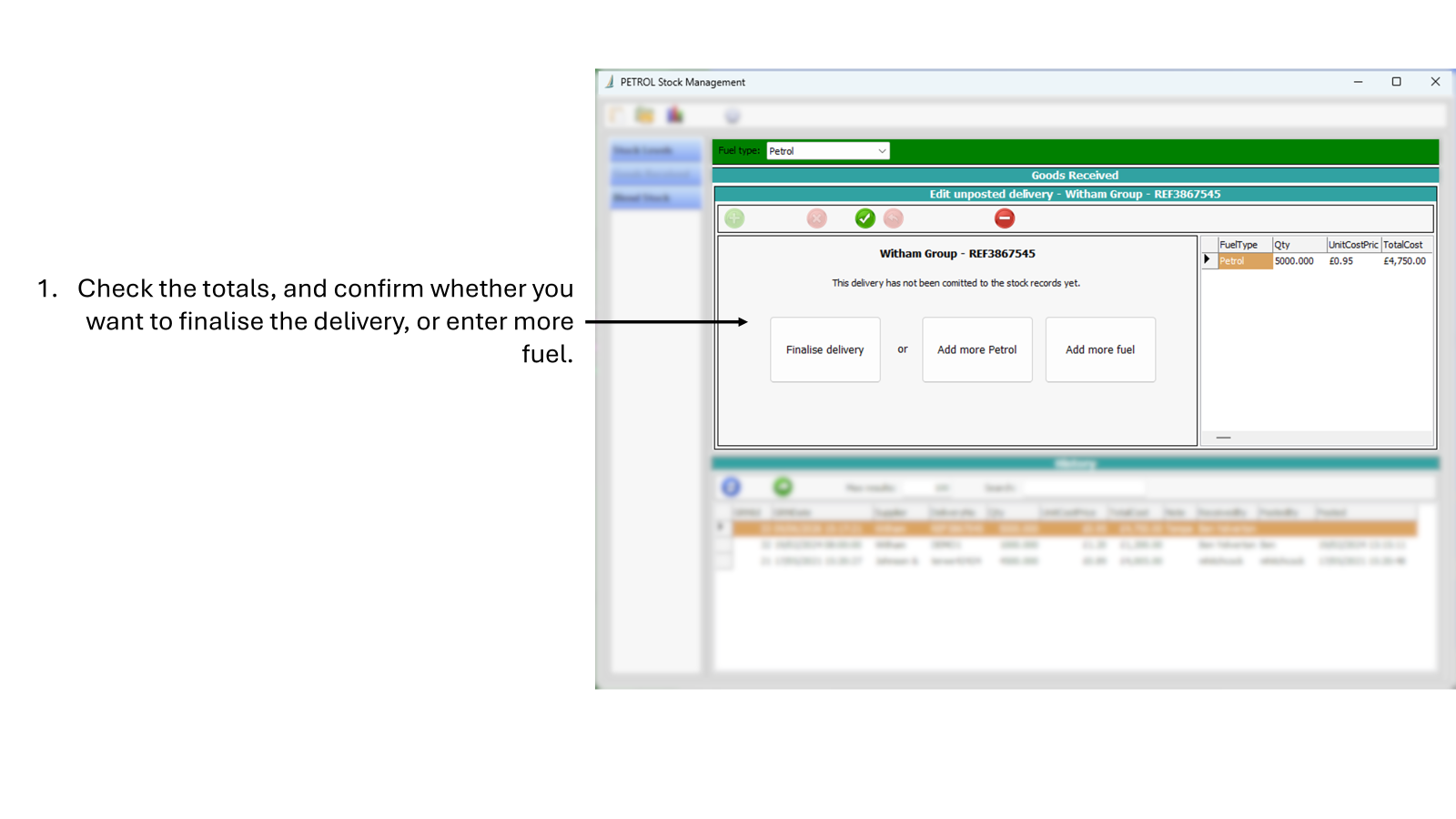 Screenshot showing final step confirmation of entering a delivery.
