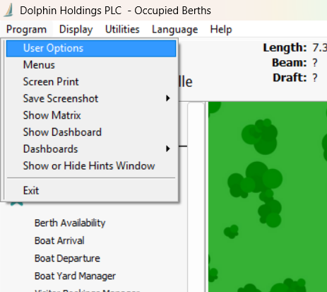 Screenshot of main Havenstar window showing the Program menu and the User Options submenu highlighted within it.