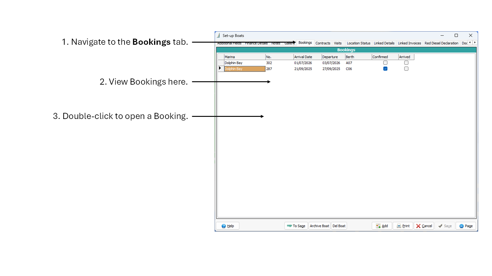 Screenshot of Set-up Boats screen on the Bookings tab, showing a boat's booking history.