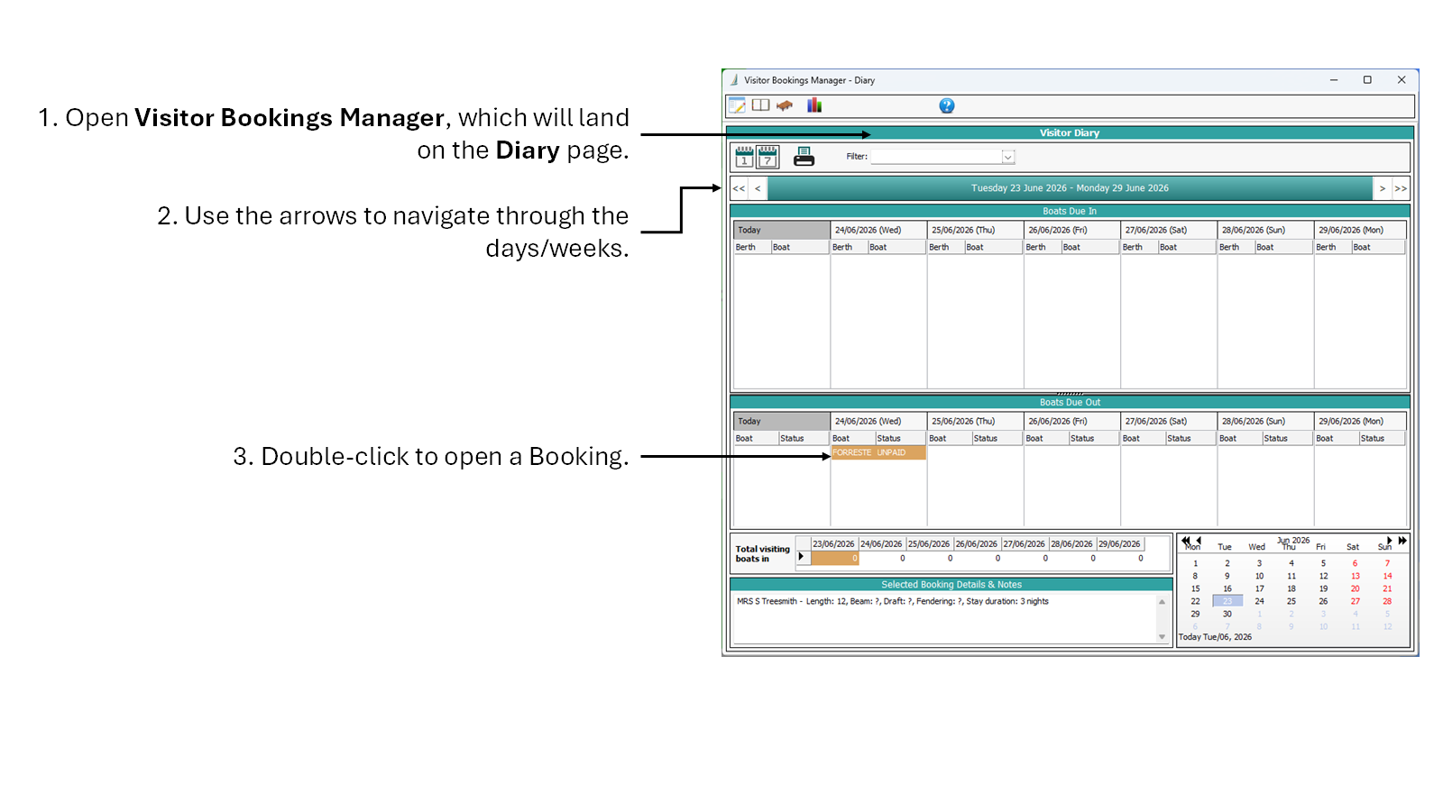 Screenshot of the Visitor Bookings Manager, on the Diary tab, showing boats expected in and out.
