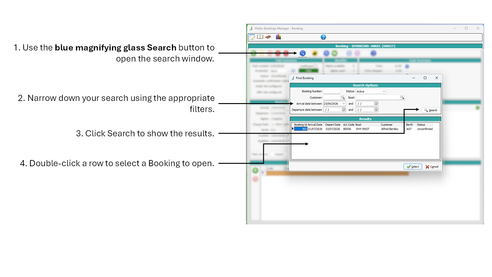 Screenshot of the Visitor Bookings Manager search window, annotated.