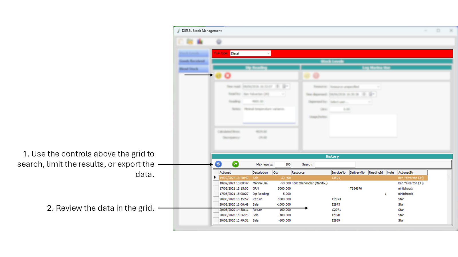 Screenshot of the Stock Levels screen in Fuel Manager, highlighting the History data grid, with annotation as to how to use it.
