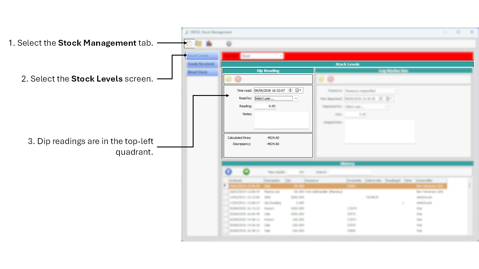 Screenshot of the Fuel Manager Stock Levels screen, highlighting the relevnat navigation buttons and the Dip Readings panel.