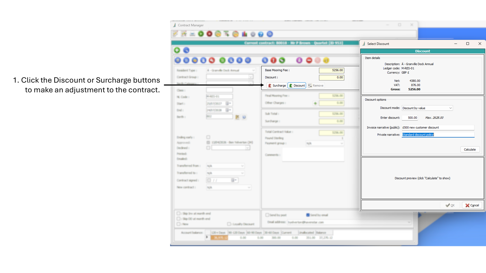 Screenshot of the Contract Manager Contract screen, with the Discount screen open as well, indicating the Discount and Surcharge buttons.