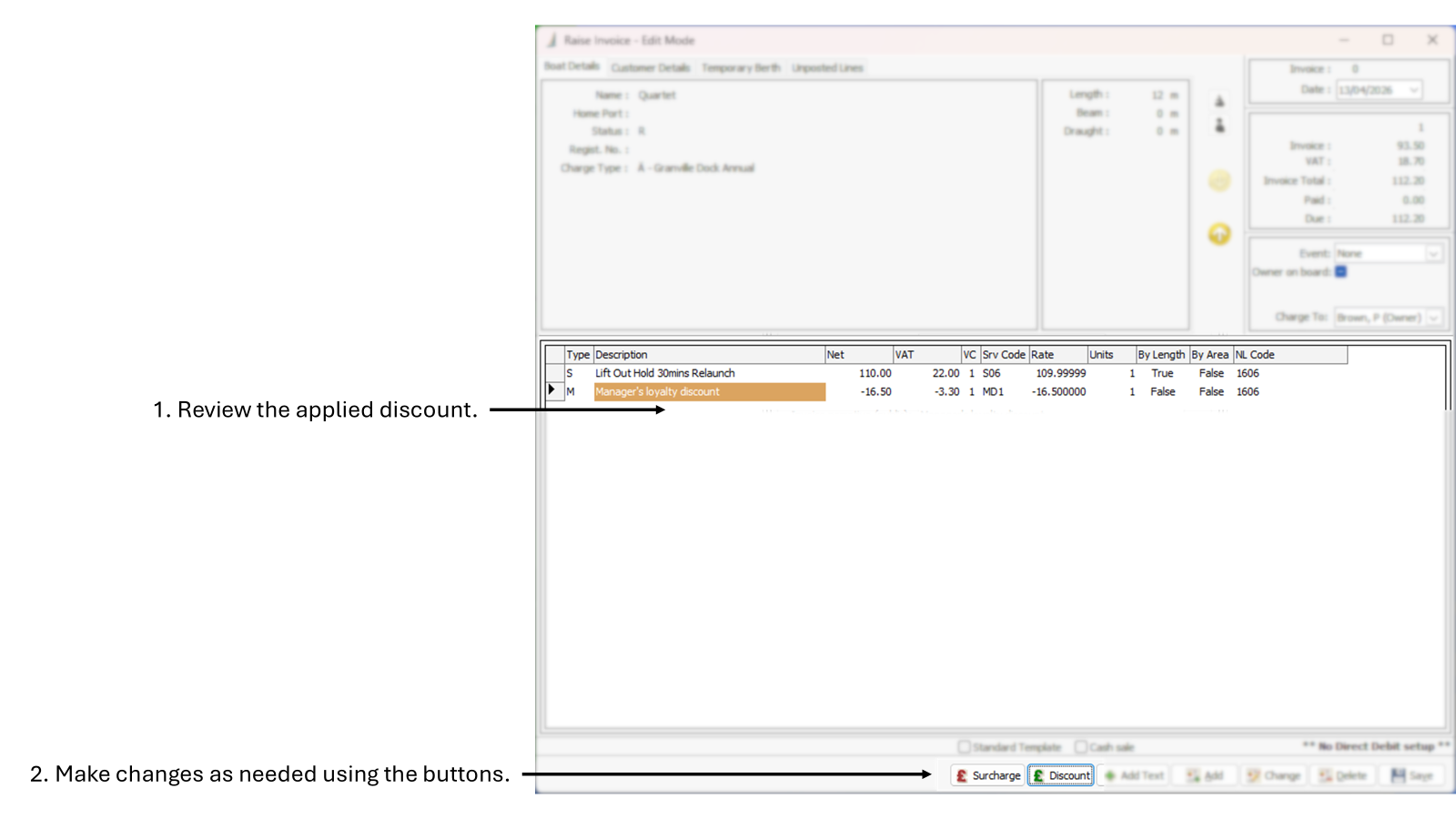 A screenshot of the Raise Invoice screen, showing a line item and its associated discount line.
