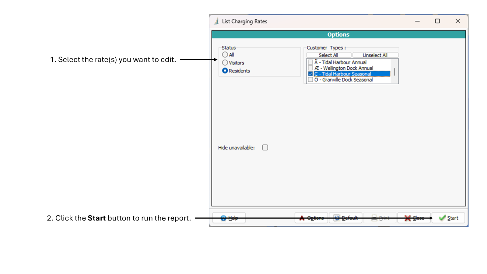 Screenshot of the List Charging Rates screen showing reporting options and parameters.