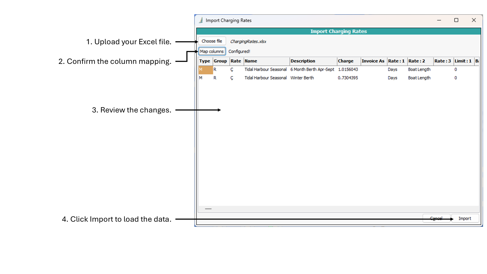 Screenshot of the Import Charging Rates screen, with annotations indicating workflow.