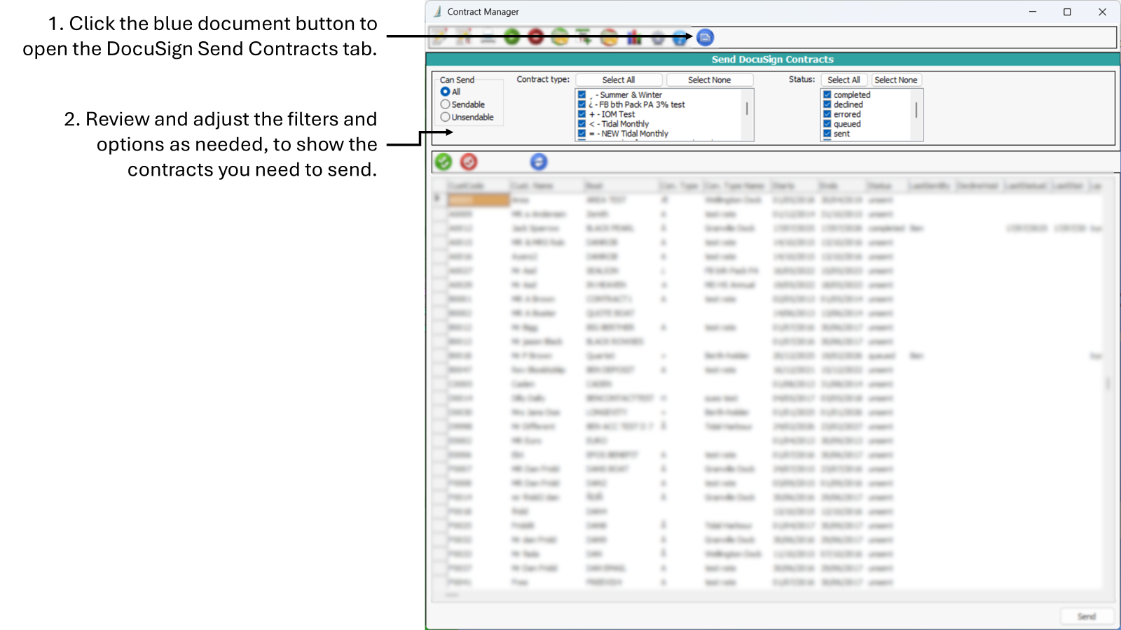 Screenshot of the DocuSign Send Contracts screen in Contract Manager, showing the filters and options for adjusting the contract list.