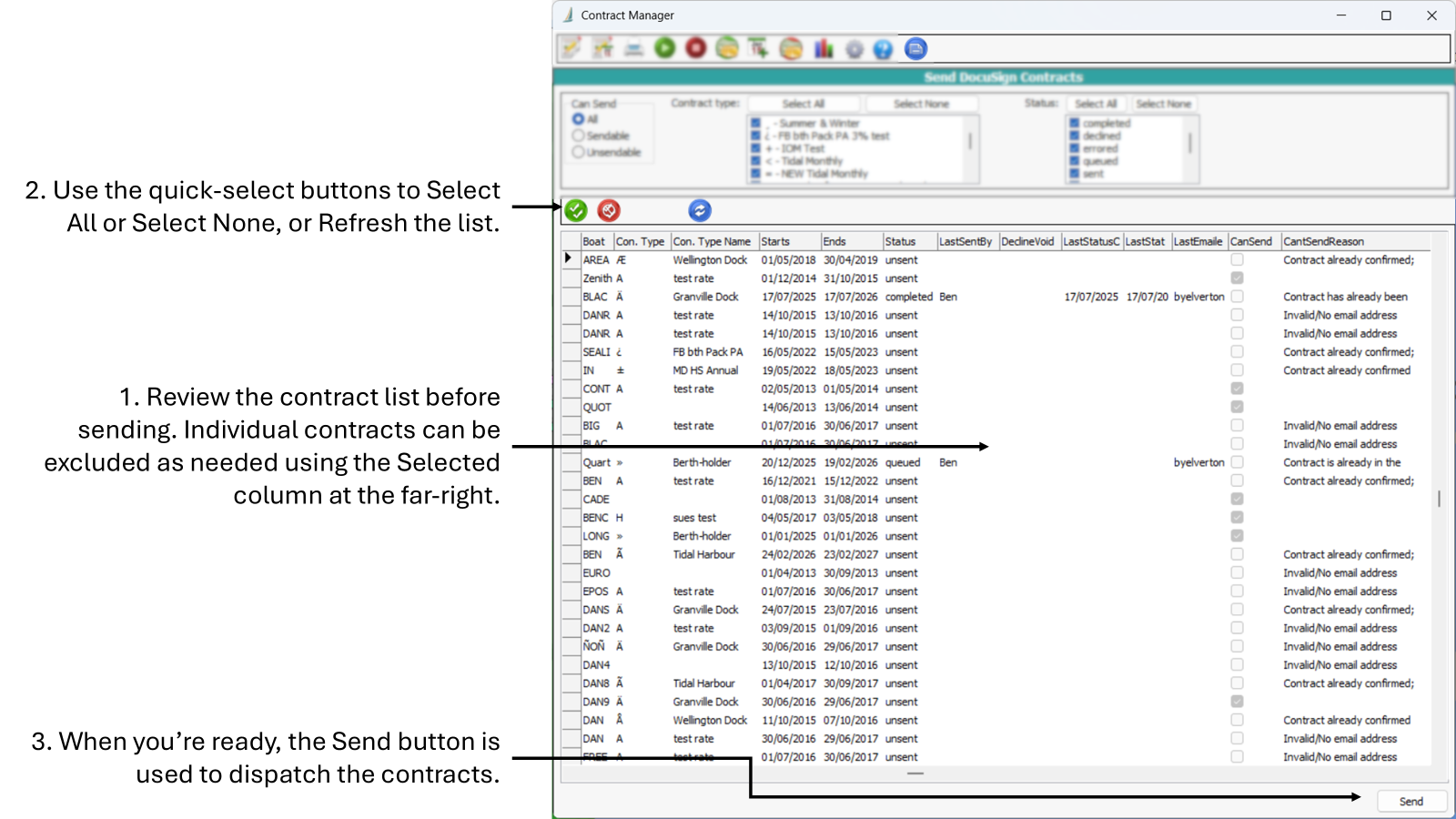 Screenshot of the DocuSign Send Contracts screen in the Contract Manager, showing the data grid and action buttons.