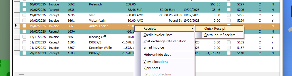 Screenshot of Customer Account (F5) screen with right-click menu open showing Quick Receipt option.