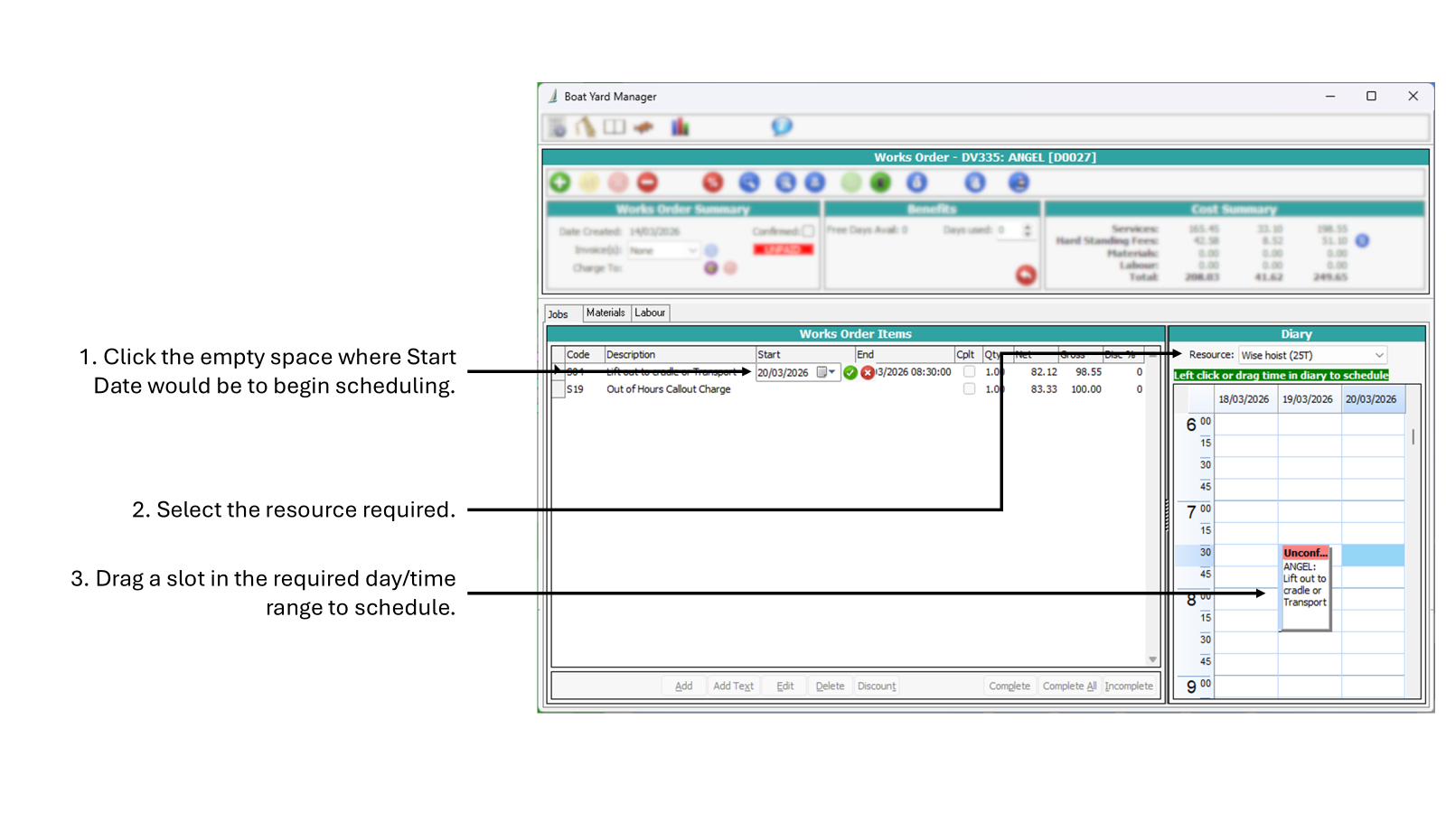 A screenshot of a Works Order showing the scheduling options and resource selection for a job.