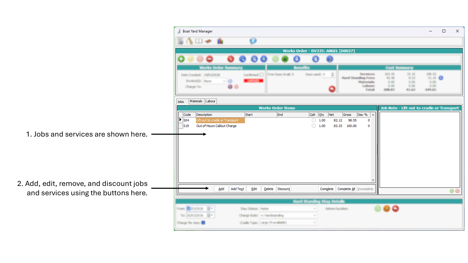 A screenshot of a Works Order showing services in the Works Order Item grid.