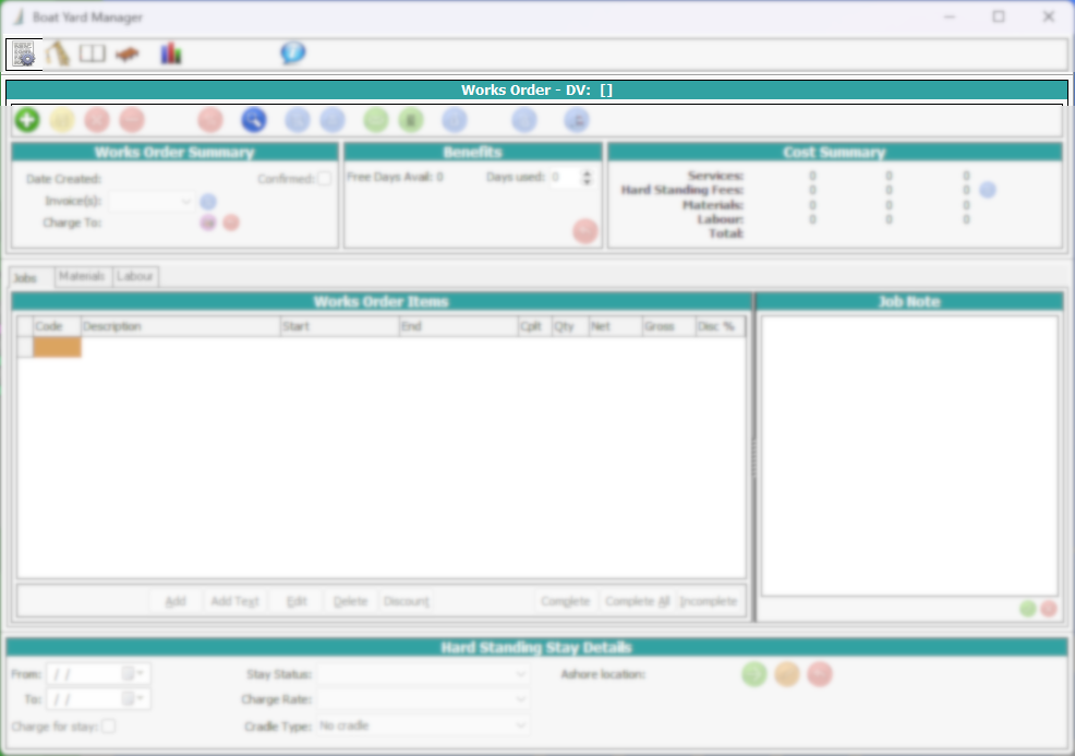 A screenshot of the Works Orders screen in the Boatyard Manager, with everything blurred except the Works Orders button and the title bar.