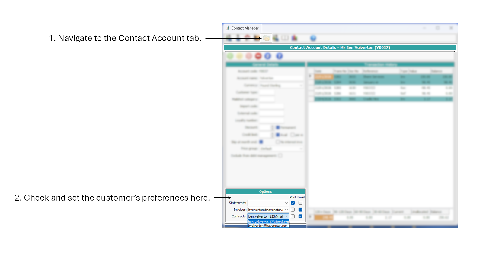 A screenshot of the Contact Account screen in Contact Manager, indicating the document communication preferences.