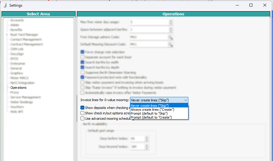 Screenshot of Settings screen, focusing on zero-value mooring invoice options.