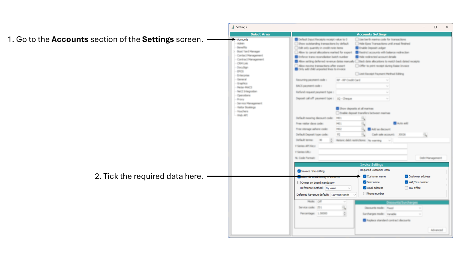 Screenshot of the Settings screen, annotated, indicating the relevant settings.